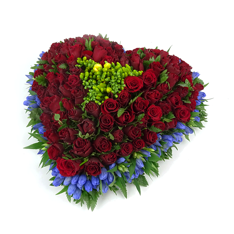 pistool het beleid Mevrouw Rouwstuk in hartvorm met rode rozen | Duoplant