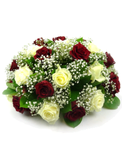 Duoplant - Biedermeijer rouwstuk met rode en witte rozen