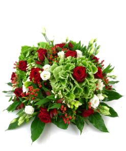Biedermeier rouwstuk met rode rozen en hortensia